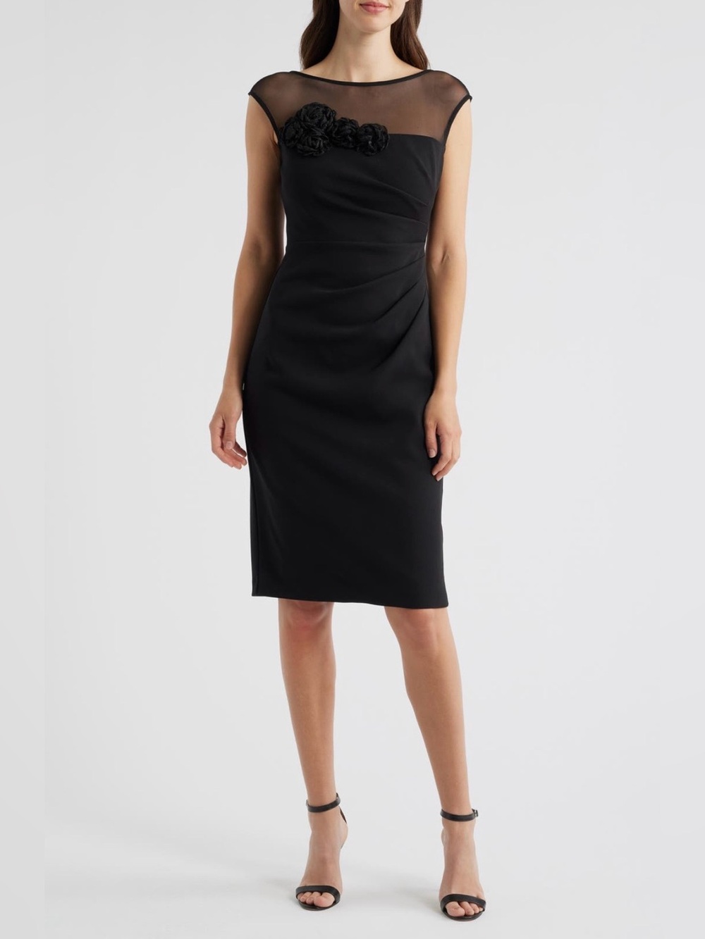 Eliza J Black Rosette Detail Mesh & Scuba Crepe Cocktail Sheath Dress